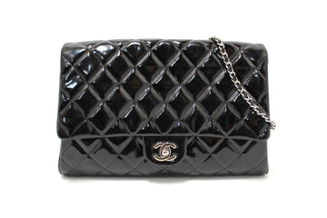 Chanel Classic Quilted Black Patent Leather Flap Shoulder Clutch Bag