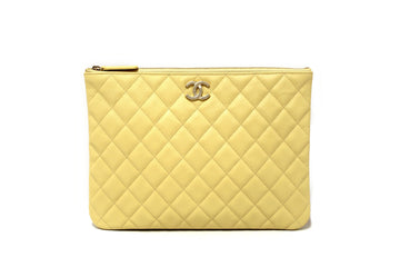New Chanel Yellow Caviar Leather Classic Zipped O Case Pouch Clutch Bag
