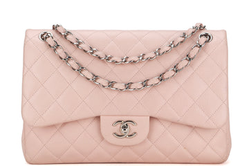 CHANEL DOUBLE FLAP BAG (1893xxxx) JUMBO LIGHT PINK CAVIAR LEATHER SILVER HARDWARE, WITH DUST COVER, NO