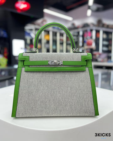 Hermes Kelly 25 Toile Sellier Vert Yucca Swift/Toile PHW