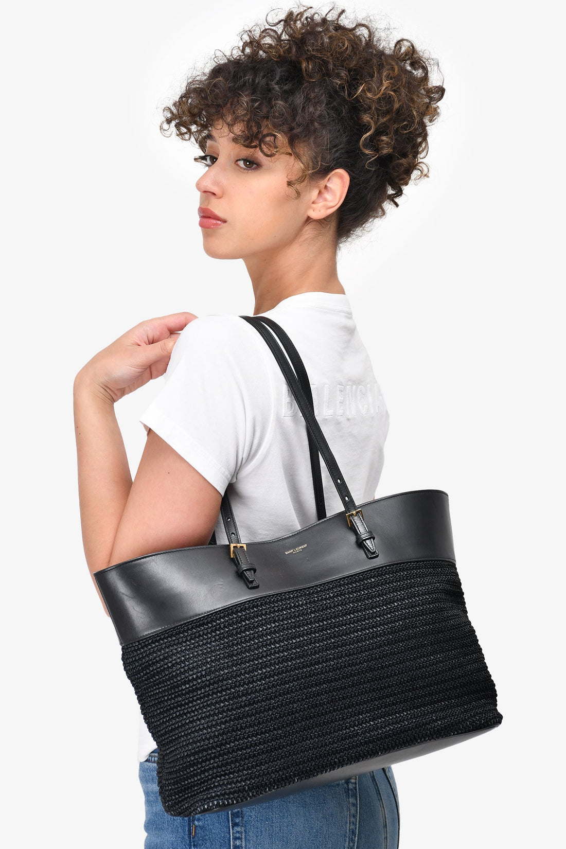 Saint Laurent Black Leather/Wicker Boucle Shopping Tote