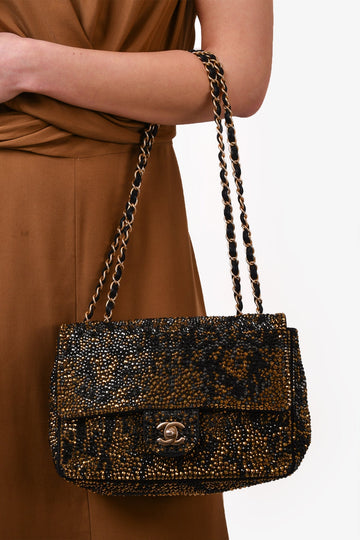Chanel 2014-15 Black/Gold SwaroECki Crystal Embellished Medium Single Flap Shoulder Bag