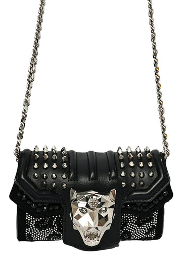 Philipp Plein Black Leather Crystal Embellished Crossbody