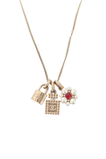 Chanel™ CC Perfume Bottle Padlock Flower Triple Pendant Necklace