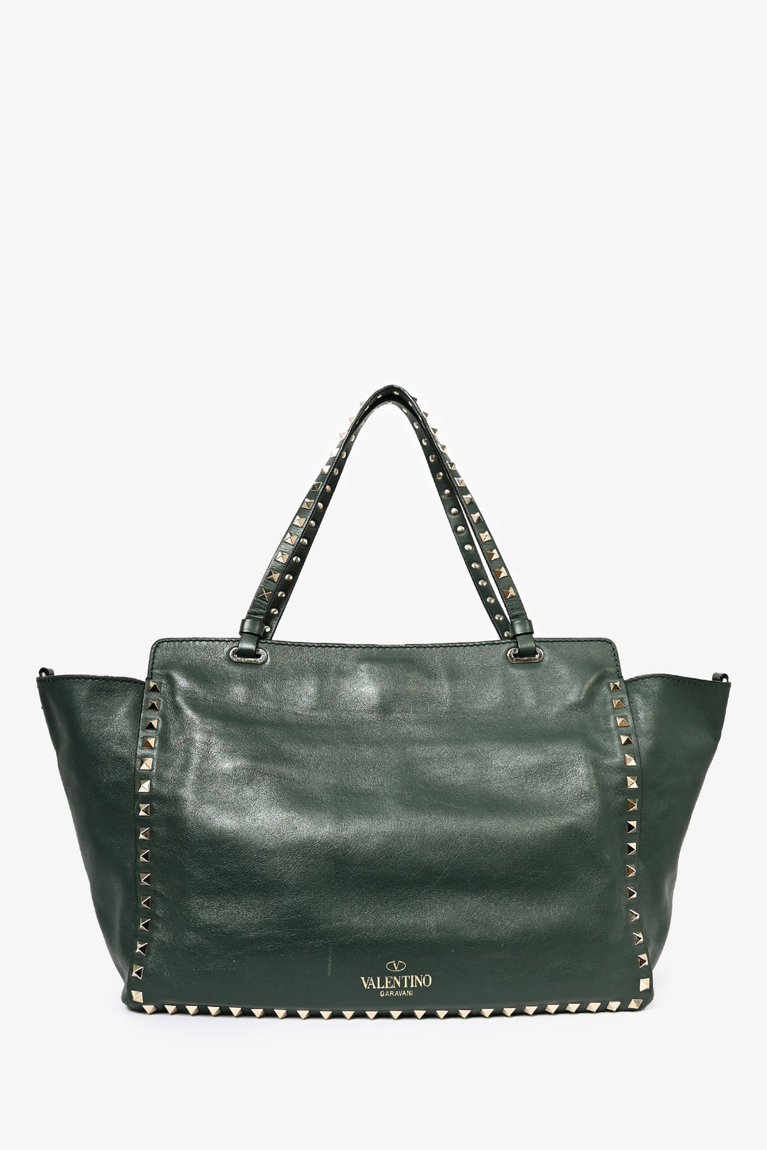 Valentino Green Leather Rockstud Tote with Strap