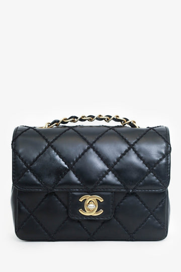 Chanel™ 2003-04 Black Calfskin Wild Stitch Mini Classic Square Flap Bag \'As Is\'