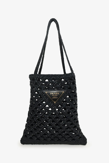 Prada Black Yarn Raffia Effect Embroidered Logo Tote