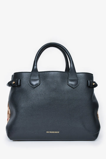 Burberry Black Calfskin Leather Medium 'House Check Banner' Top Handle Tote