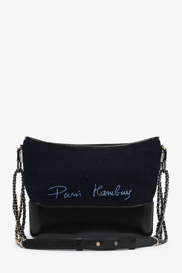 Pre-Loved Chanel™ 2019 Navy Wool 'Paris Hamburg' Embroidered Large Gabrielle Hobo
