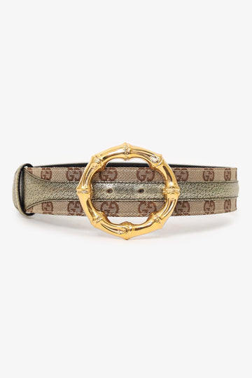 Gucci CS Canvas & Metallic Gold Leather Bamboo Buckle Belt