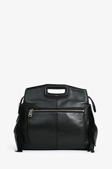 Maje Black Leather Suede Fringe Large Top Handle Bag with Strap