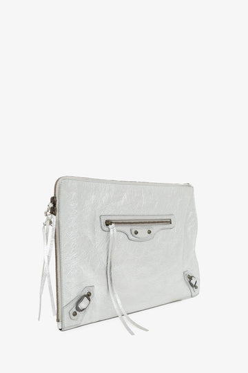 Balenciaga Silver Metallic Lambskin Leather Motocross Clutch