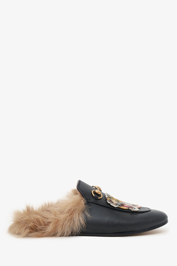 Gucci Black Leather Tiger Embroidered Slip On Fur Loafers Size 37