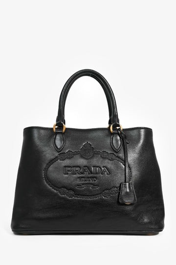 Prada Black Leather Embossed Logo Tote Bag with Strap