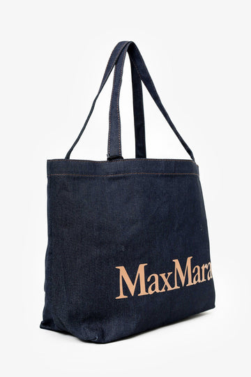 Max Mara Blue Denim Logo Print Tote with Pouch