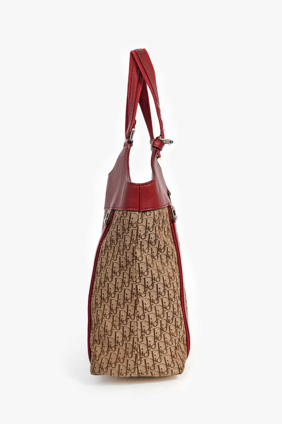 Christian Dior 2005 Vintage Brown Diorissimo Canvas/Red Leather Trim Tote Bag