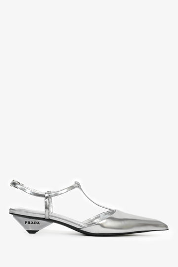 Prada Silver Leather Pointed Toe T-Strap Ballerina Pumps Size 35