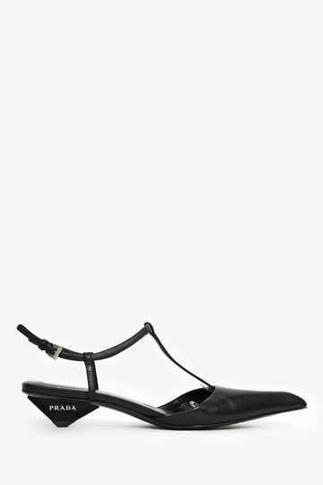 Prada Black Leather Pointed Toe T-Strap Ballerina Pumps Size 35.5