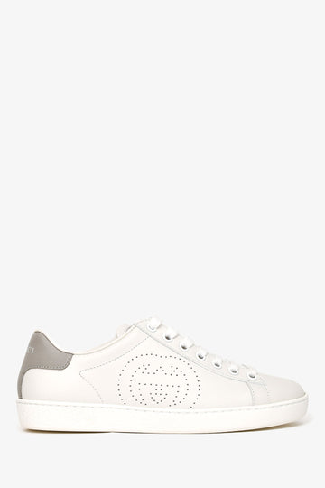 Gucci White/Grey Leather CS Logo Sneakers Size 34.5