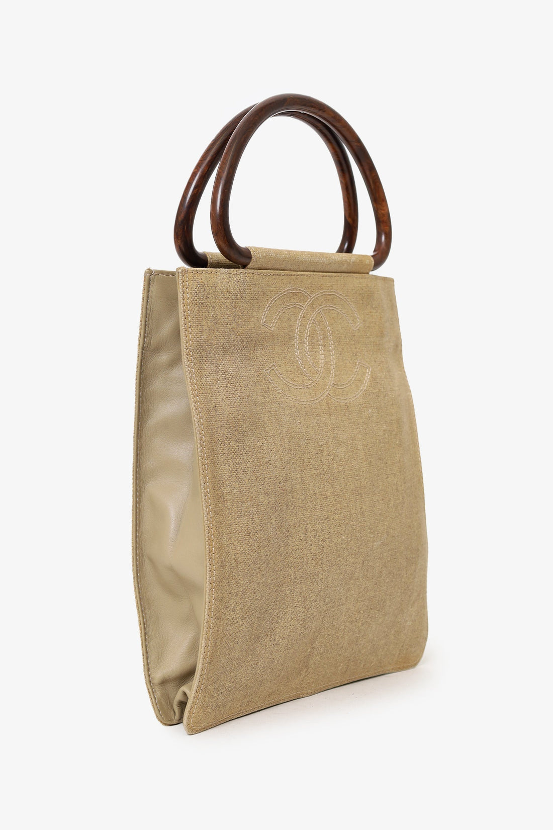 Chanel™ 2000-02 Beige CC Stitched Woven Linen Wood Handle Tote Bag