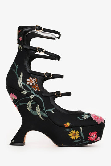 Christian Dior Black/Pink Satin Floral Strappy Wedge Heels Size 37