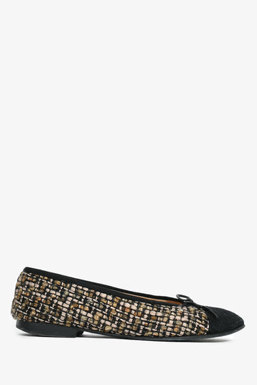 Chanel™ Black/Brown Metallic Tweed Cap Toe Ballet Flats Size 36.5