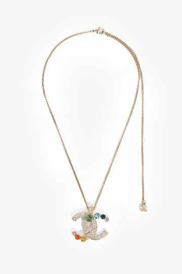 Chanel™ 2019 Gold Toned Rainbow Crystal CC Necklace