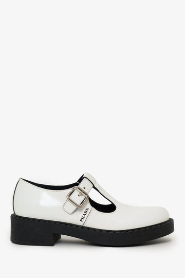 Prada White Leather Mary Jane Shoes Size 37.5