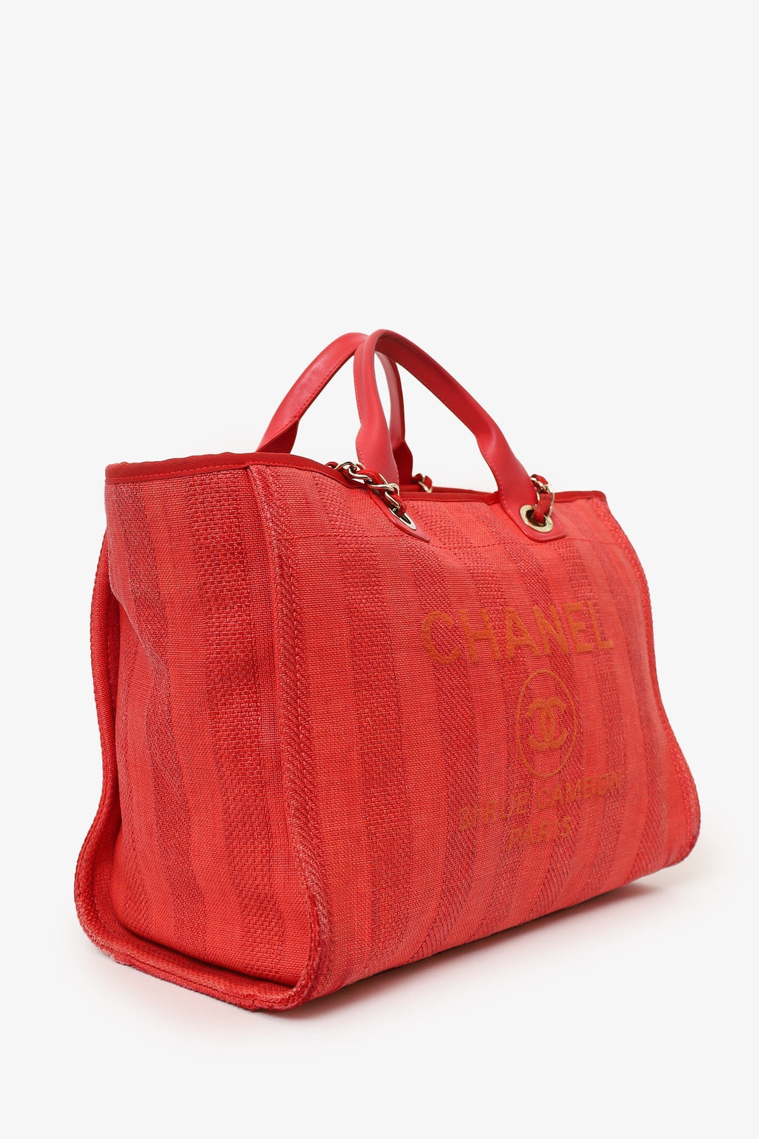 Chanel™ 2019-20 Red Raffia Striped Large Deauville Shopper Tote