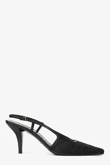 Gucci Black CS Logo Mesh Crystal Embellishments Slingback Pumps Size 37