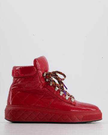 Chanel Red Patent Leather High Top Sneakers Shoes Size EU 38.5