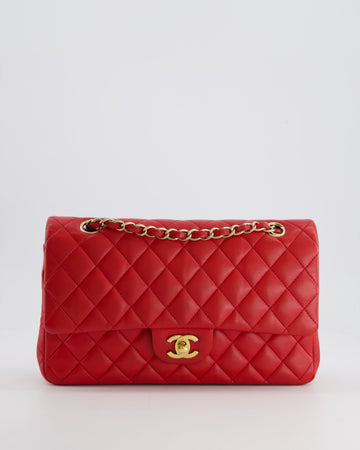 Chanel Medium Red Classic Double Flap Bag in Lambskin Leather with Brushed Gold Hardware