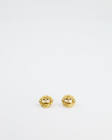Chanel Vintage Yellow Gold Cut-Out Small Round Clip-On Earrings with CC Logo