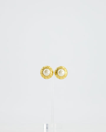 Chanel Vintage Gold Round Logo with Pearl Clip-On Earrings