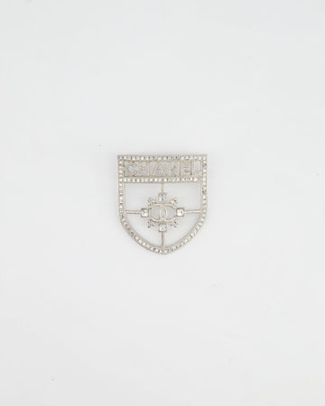 *HOT* Chanel Silver Crystal Large Brooch with CC and Logo Details