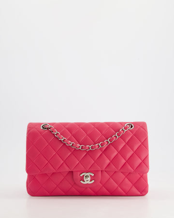 Chanel Hot Pink Medium Classic Double Flap Bag in Lambskin Leather with Silver Hardware