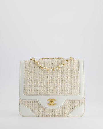 Chanel Small White Tweed and Aged Calfskin Flap Bag with Brushed Gold Hardware