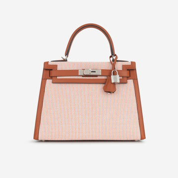 Hermès Hermès - Kelly 28 - Terre Battue Swift/Ecru/Mauve Sylvestre Quadrille Toile PHW - Brand New