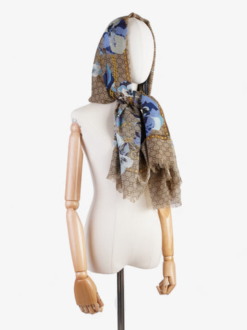 Gucci EC Floral Print Scarf EC Supreme / Blue / Gold Wool