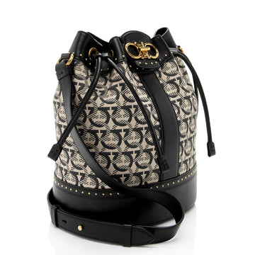 Salvatore Ferragamo Gancini Canvas Studded Mufasa Bucket Bag