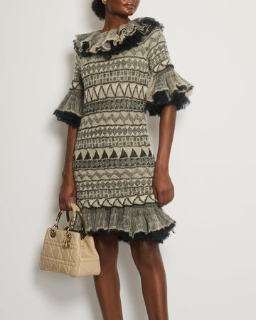 Chanel 2009 Paris-Moscow Black, Grey, Beige Wool and Mohair Mini Ruffle Dress Size FR 38 (UK 10) RRP ¬£3,650