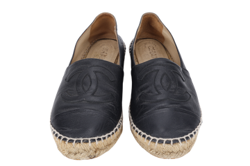 CHANEL ESPADRILLES SHOES BLACK LEATHER SIZE 38 WITH DUST COVER