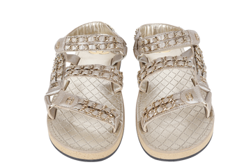 CHANEL CHAIN SANDAL GOLDEN LEATHER SIZE 37.5 WITH DUST COVER