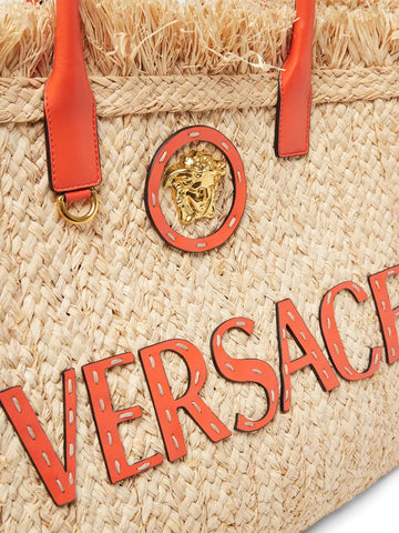 VERSACE APPLIQUED EMBELLISHED LEATHER TRIM RAFFIA TOTE BAG