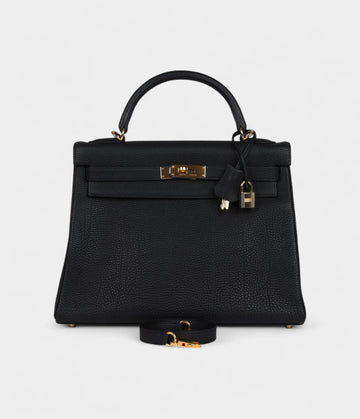 Vintage Hermes Kelly 32 Retourne Black Fjord Gold Hardware