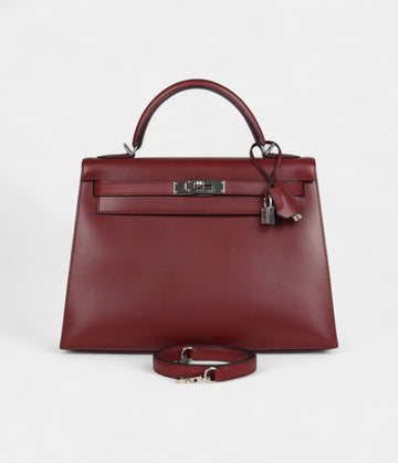 Vintage Hermes Kelly 32 Rouge H Box Palladium Hardware