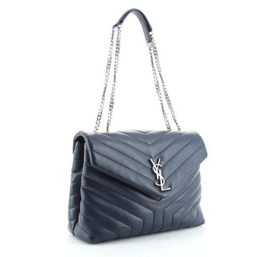 YSL LOULOU CALFSKIN LEATHER MEDIUM SHOULDER BAG IN DENIM BLUE