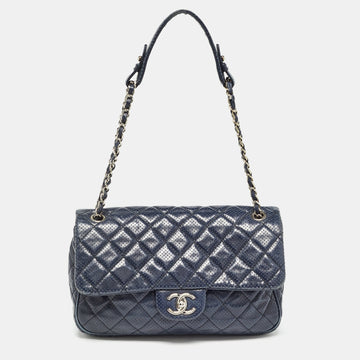 Navy Blue Perforated Leather Punch Flap Bag