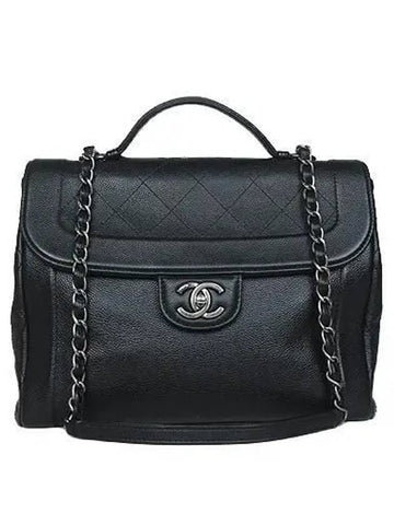 Vintage silver black leather quilting satchel 2WAY Chanel