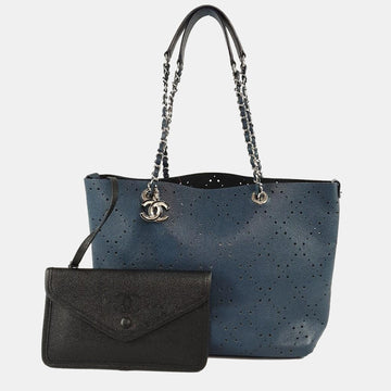 Blue Perforated Leather Punchin Chain Tote Bag